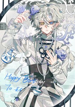 1boy \||/ absurdres blue_eyes bracelet braid bug butterfly butterfly_on_hand commission cup earrings grey_hair happy_birthday heterochromia highres insect jewelry jinzhangde_piku long_braid long_hair long_sleeves mihuashi_commission necklace original parted_lips pearl_bracelet pearl_necklace pouring purple_butterfly single_braid single_earring solo teacup teapot upper_body very_long_hair yellow_eyes