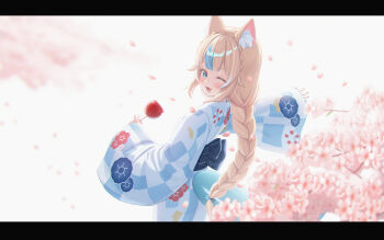 1girl :d ;d absurdres alternate_costume alternate_hairstyle animal_ear_fluff animal_ears blonde_hair blue_eyes blue_kimono blue_streaks blunt_bangs braid braided_ponytail candy_apple cat_ears cherry_blossoms commentary crown_braid falling_petals fins fish_girl fish_tail floral_print floral_print_kimono food fpvjoe from_behind hair_flaps highres holding holding_candy_apple holding_food indie_virtual_youtuber japanese_clothes kimono long_hair looking_at_viewer low_ponytail multicolored_hair one_eye_closed open_mouth petals ponytail print_kimono sameko_saba smile solo streaked_hair tail untranslatable_commentary very_long_hair virtual_youtuber white_streaks yukata
