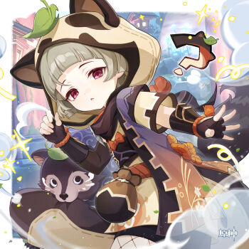1girl ? absurdres animal_ears animal_hood bake-danuki_(genshin_impact) black_gloves blunt_bangs chinese_commentary commentary_request fake_animal_ears fingerless_gloves genshin_impact gloves grey_hair highres hood japanese_clothes leaf leaf_on_head looking_at_viewer official_art open_mouth pink_eyes raccoon_ears raccoon_tail sayu_(genshin_impact) short_hair solo tail yellow_hood