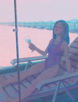 1girl beach chinese_commentary closed_eyes commentary cup drinking_glass lajurcookie long_hair ocean one-piece_swimsuit original solo swimsuit umbrella wine_glass