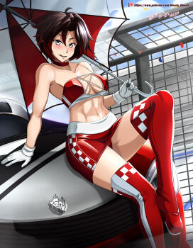 1girl abs absurdres blush boots breasts car choker cleavage collarbone gloves grey_eyes highres medium_breasts motor_vehicle navel race_queen red_footwear ruby_rose rwby scarf seductive_smile short_hair sitting skirt smile strapless thigh_boots thighhighs thighs tube_top umbrella vilde_loh_hocen white_gloves