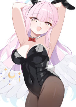 1girl absurdres angel_wings animal_ear_hairband animal_ears arms_behind_head black_leotard black_pantyhose blue_archive bow bowtie breasts detached_collar fake_animal_ears feathered_wings hair_bun hairband halo highres kurenaiaoi0 leotard looking_at_viewer low_wings medium_breasts mika_(blue_archive) multicolored_halo pantyhose pink_hair pink_halo playboy_bunny rabbit_ears red_bow red_bowtie simple_background single_side_bun solo strapless strapless_leotard white_background white_wings wings yellow_eyes