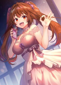 1girl :d blurry blurry_background bow brown_hair detached_collar dress dutch_angle haigamine_yuriu hair_bow hair_intakes jewelry lace layered_dress long_hair mata_korosarete_shimatta_nodesune_tantei-sama necklace off-shoulder_dress off_shoulder official_art ok_sign open_mouth red_eyes riichu smile solo talking_on_phone twintails