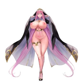 1girl black_shoes black_veil blue_eyes blush breasts bridal_gauntlets bright_pupils closed_mouth collarbone full_body game_asset gold_necklace hair_between_eyes high_heels highres huge_breasts jewelry last_origin linea_alba long_hair looking_at_viewer mel_(dodosae) mole mole_under_mouth necklace nipples non-web_source nude nun nun_headdress official_alternate_costume official_art pendant pink_hair pubic_tattoo pussy ring self-datamine serapias_alice shoes simple_background skindentation smile solo standing tachi-e tattoo thick_thighs thighlet thighs tiara transparent_background veil veil_lift very_long_hair white_bridal_gauntlets wide_hips wide_sleeves