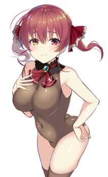 1girl aria_(koiiroharemoyou) ascot bare_shoulders black_collar black_thighhighs blue_gem blush breasts brooch cleavage closed_mouth collar commentary covered_navel cowboy_shot eyelashes eyes_visible_through_hair foreshortening gem hair_between_eyes hair_ribbon hand_on_own_hip hand_up heterochromia hololive houshou_marine houshou_marine_(1st_costume) impossible_clothes impossible_leotard jewelry large_breasts leotard long_hair looking_at_viewer missing_headwear no_coat no_eyepatch red_ascot red_eyes red_hair red_ribbon ribbon simple_background smile solo standing thighhighs twintails virtual_youtuber white_background yellow_eyes