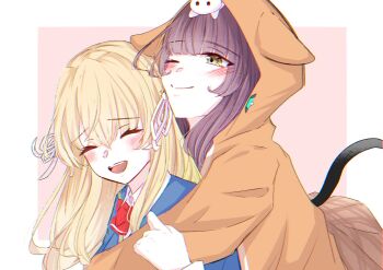 Rule 34 | 2girls, animal, animal on head, asakura karen (heaven burns red), black hair, blonde hair, bow, braid, half up braid, heaven burns red, highres, hood, hood up, hooded jacket, hug, hug from behind, jacket, long hair, long sleeves, multiple girls, on head, red bow, ribbon, tail, toujou tsukasa, tsuki mi925, yellow eyes, yuri