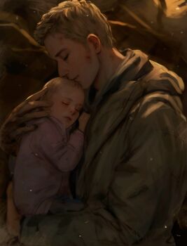 1boy 1girl baby blonde_hair carrying carrying_baby carrying_person closed_eyes commentary embers ethan_winters father_and_daughter green_jacket hashtag-only_commentary highres hood hood_down hoodie hug jacket profile realistic resident_evil resident_evil_village rosemary_winters s25122018 short_hair sleeping smile