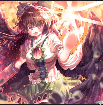 1girl bird_wings control_rod_(touhou) energy_ball feathered_wings hair_ribbon highres holding kemo_chiharu long_hair reiuji_utsuho ribbon shirt solo touhou very_long_hair white_shirt wings