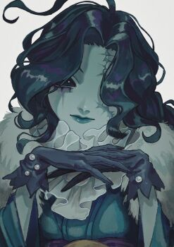 1girl ahoge ascot black_eyes black_gloves black_hair black_sclera blue_lips blue_shirt blue_skin closed_mouth colored_sclera colored_skin cracked_skin frilled_neckerchief frills fur_shawl fur_trim gem gloves grace_(identity_v) grey_background hair_intakes hair_over_one_eye highres hnnstkn001 identity_v japanese_clothes long_hair long_sleeves looking_at_viewer own_hands_together pearl_(gemstone) protected_link scar scar_on_face shawl shirt simple_background smile solo upper_body wavy_hair white_background