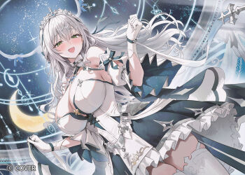 1girl blue_dress blush breasts cleavage clothes_lift commentary_request company_name copyright_notice crescent_moon cross detached_sleeves dress dress_lift frilled_dress frills from_below gloves green_eyes grey_hair hair_between_eyes hololive large_breasts long_hair looking_at_viewer moon myung_yi official_alternate_costume official_alternate_hairstyle official_art open_mouth puffy_detached_sleeves puffy_sleeves shirogane_noel shirogane_noel_(princess_knight) smile solo strapless strapless_dress thighhighs tiara two-tone_dress virtual_youtuber white_dress white_gloves white_thighhighs wide_sleeves