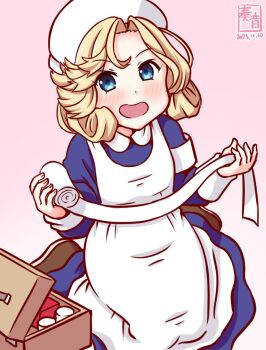1girl alternate_costume apron artist_logo bandages blonde_hair blue_dress blue_eyes blush box cowboy_shot dated dress first_aid_kit gradient_eyes hat janus_(kancolle) kanon_(kurogane_knights) kantai_collection logo long_sleeves looking_at_viewer multicolored_eyes nurse nurse_cap open_mouth pink_background short_hair smile solo