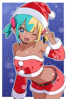 1girl ;d abstract_background absurdres alternate_costume aqua_hair bare_shoulders belt belt_buckle black_belt black_hair blonde_hair blue_eyes border buckle canari_(pokemon) christmas commentary_request crop_top dark-skinned_female dark_skin detached_sleeves hat highres long_sleeves midriff multicolored_hair nintendo odorukaminoke one_eye_closed open_mouth outline outside_border pokemon pokemon_legends:_z-a red_hat red_shorts santa_hat short_hair shorts smile snowflakes solo split-color_hair twintails v white_border white_outline