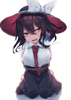 1girl absurdres alternate_eye_color black_hair black_hat black_skirt bound bow collar fang hair_between_eyes hat hat_bow highres muraryo necktie no_shoes open_mouth orange_eyes rope seiza shirt short_hair simple_background sitting skirt sleeve_cuffs socks solo sweat tied_up_(nonsexual) touhou usami_renko white_background white_bow white_collar white_shirt white_socks wide_brim