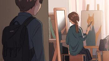 1boy 1girl backpack bag black_bag brown_hair easel facing_away fox_girl from_behind grey_jacket grey_skirt highres holding holding_paintbrush jacket kojiro337 long_hair looking_at_mirror mirror original paintbrush painting_(action) plaid_clothes plaid_skirt ponytail school short_hair sitting skirt track_jacket watermark