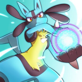 1other absurdres closed_mouth commentary_request energy_ball fang fang_out furry gen_4_pokemon highres looking_at_viewer looking_down lucario newbear nintendo pokemon pokemon_(creature) pokemon_focus red_eyes solo spikes yellow_fur