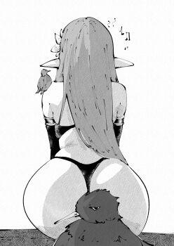 1girl animal animal_on_shoulder ass bare_shoulders bird bird_on_shoulder commentary convenient_censoring detached_sleeves elf english_commentary facing_away flower from_behind greyscale hair_flower hair_ornament highres long_hair looking_at_viewer miregeist monochrome musical_note original panties pointy_ears simple_background sitting solo thong underwear white_background