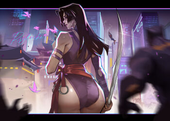 1girl absurdres black_nails black_panther_(marvel) bug butterfly character_name commentary earrings english_commentary highres holding holding_sword holding_weapon insect jewelry leotard long_hair marvel marvel_rivals psylocke psylocke_(vengeance) red_sash sash silk solo spider-man spider_web superhero_costume sword waist_sash wayne851120 weapon x-men