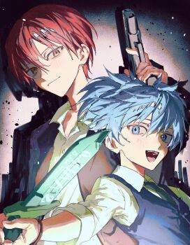 2boys 333takoyaki absurdres akabane_karma ansatsu_kyoushitsu black_jacket black_vest blue_eyes blue_hair brown_eyes collared_shirt commentary_request gun handgun highres holding holding_gun holding_weapon jacket looking_at_viewer male_focus multiple_boys open_mouth red_hair shiota_nagisa shirt simple_background vest weapon white_shirt