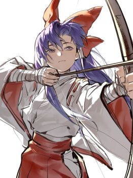 1girl absurdres aihara-rina arrow_(projectile) bandaged_arm bandages bow bow_(weapon) chinese_commentary closed_mouth clothing_cutout commentary_request drawing_bow hair_tubes hakama hakurei_reimu hakurei_reimu_(pc-98) highres hip_vent holding holding_arrow holding_bow_(weapon) holding_weapon japanese_clothes kimono long_hair long_sleeves miko purple_eyes purple_hair red_hakama ribbon-trimmed_sleeves ribbon_trim simple_background solo touhou touhou_(pc-98) weapon white_background white_kimono wide_sleeves