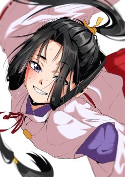 Rule 34 | 1boy, black hair, blush, hakama, highres, houjou tokiyuki (nige jouzu no wakagimi), japanese clothes, long hair, long sleeves, looking at viewer, male focus, nige jouzu no wakagimi, ponytail, purple eyes, sidelocks tied back, simple background, smile, solo, sweat, white background, wide sleeves, yorozuya37