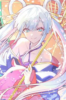 1girl absurdres bare_shoulders blue_eyes blue_kimono blue_nails chou_kaguya-hime! closed_mouth hair_ornament hair_rings hair_stick hashtag-only_commentary highres holding holding_umbrella japanese_clothes kimono long_hair looking_at_viewer nail_polish narugrm octopus oil-paper_umbrella runami_yachiyo smile solo twintails umbrella upper_body white_hair