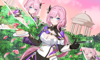 1girl black_gloves black_shorts black_shrug blue_eyes breasts broken_glass bunmk08 cake cake_slice cleavage commentary_request corset elf elysia_(honkai_impact) elysia_(miss_pink_elf)_(honkai_impact) falling_petals food fork glass gloves hair_ornament highres holding holding_fork holding_plate honkai_(series) honkai_impact_3rd korean_commentary korean_text large_breasts long_hair looking_at_viewer petals pink_hair pink_sky plate pointy_ears shorts shrug_(clothing) single_glove sky smile solo very_long_hair white_corset