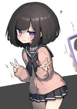 1girl 1other :3 ? absurdres black_bow black_bowtie black_hair black_skirt blush bob_cut bow bowtie brown_cardigan cardigan cellphone commentary_request cowboy_shot double_v flat_chest fukutchi grey_background highres kouhai-chan_(fukutchi) looking_at_viewer medium_hair motion_lines original partial_commentary phone purple_eyes school_uniform skirt solo_focus taking_picture two-tone_background v white_background