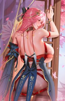 Rule 34 | 1girl, ass, back, bare shoulders, black bow, black sleeves, blush, bow, bracelet, breasts, changli (wuthering waves), chinese commentary, closed mouth, fingernails, hair bow, hair ornament, highres, holding, huge breasts, jewelry, long hair, median furrow, nail polish, pink hair, red nails, ring, shoulder blades, smile, solo, thighs, tsuki no i-min, wuthering waves, yellow eyes