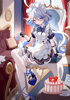 1girl ;) absurdres aichinaigai alternate_costume apron black_dress black_wrist_cuffs blue_bow blue_eyes blue_hair blue_pupils blue_shoes blush bow cake chinese_commentary closed_mouth coffee commentary_request crossed_legs cup day dress drop-shaped_pupils enmaided food footwear_bow frilled_apron frilled_hairband frilled_wrist_cuffs frills furina_(genshin_impact) genshin_impact hair_between_eyes hairband highres holding holding_cup indoors long_hair looking_at_viewer maid maid_headdress one_eye_closed partial_commentary puffy_short_sleeves puffy_sleeves saucer shoes short_sleeves sitting smile solo symbol-shaped_pupils thighhighs very_long_hair white_apron white_hair white_hairband white_thighhighs wrist_cuffs