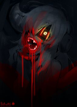 1girl asymmetrical_horns black_background blood blood_drip blood_on_face borvar broken_horn commentary commission dark dragon_girl dragon_horns english_commentary fangs grey_hair hair_over_one_eye highres horns looking_at_viewer one_eye_covered open_mouth original parted_bangs second-party_source sharp_teeth slit_pupils solo teeth uneven_horns upper_body wide-eyed yellow_eyes