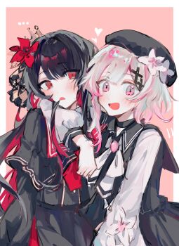 Rule 34 | ..., 2girls, :d, absurdres, arm over head, beret, black capelet, black choker, black hair, black hat, black shirt, border, capelet, chinese commentary, choker, commentary request, cowboy shot, flower, hair flower, hair ornament, hairclip, hat, heart, highres, long hair, long sleeves, looking at another, looking at viewer, magical girl, mahou shoujo no majo saiban, multicolored hair, multiple girls, nikaido hiro, open mouth, outside border, pink background, pink eyes, red eyes, red flower, ribbon, sakuraba ema, serpentite, shirt, short hair, smile, standing, white border, white flower, white hair, white ribbon, x hair ornament