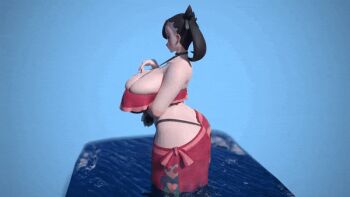 1girl 3d animated animated_gif bikini black_hair blue_eyes breasts cleavage curvy deep_skin flower flower_on_head hand_on_own_chest huge_breasts in_water looking_away marnie_(pokemon) marnie_(summer_2021)_(pokemon) nail_polish nintendo pokemon pokemon_masters_ex red_nails solo standing swimsuit thick_thighs thighs usukeninja wide_hips