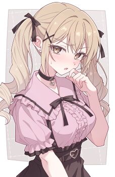 1girl bang_dream! black_bow black_choker black_skirt blush bow breasts brown_eyes brown_hair center_frills choker commentary_request e20 earrings frills hair_bow heart heart_choker highres ichigaya_arisa jewelry jirai_kei long_hair looking_at_viewer medium_breasts open_mouth pink_shirt shirt short_sleeves sidelocks skirt solo stud_earrings suspenders sweatdrop twintails