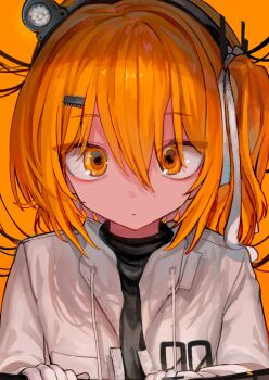 1girl a.i._voice absurdres adachi_rei cable drawstring expressionless hair_between_eyes hair_ornament hair_ribbon hairband headlamp highres jacket looking_at_viewer medium_hair microa microchip number_print one_side_up orange_background orange_eyes orange_hair print_jacket ribbon simple_background solo utau white_jacket white_ribbon