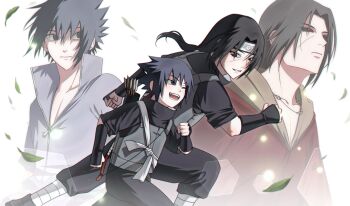 2boys age_progression bandaged_leg bandages black_hair black_headband black_pants black_sclera black_shirt brothers colored_sclera facial_mark falling_leaves feet_out_of_frame grey_shirt grey_vest hair_between_eyes headband highres leaf long_hair looking_at_viewer low_ponytail male_focus multiple_boys naruto_(series) naruto_shippuuden one_eye_closed open_mouth pants parted_bangs parted_lips ponytail popped_collar ppagtu quiver red_eyes running shirt short_hair siblings smile spiked_hair uchiha_itachi uchiha_sasuke upper_body vest white_background