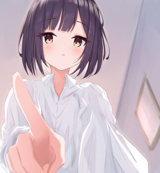 Rule 34 | 1girl, black hair, blush, brown eyes, collared shirt, commentary request, dress shirt, from below, indoors, long sleeves, looking at viewer, looking down, original, parted lips, riya (01214), shirt, short hair, solo, white shirt