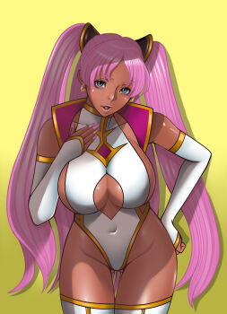 1girl absurdres artist_request blue_eyes breasts catherine_sabathra cleavage_cutout clothing_cutout code_geass code_geass:_dakkan_no_roze curvy dark-skinned_female dark_skin earrings elbow_gloves gloves highleg highleg_leotard highres hoop_earrings jewelry large_breasts leotard lips long_hair looking_at_viewer pink_hair revealing_clothes solo twintails very_long_hair white_leotard wide_hips yellow_background