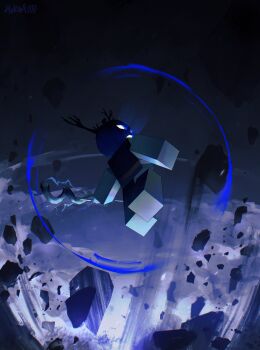 Rule 34 | 1boy, antlers, dark, debris, flakey 9000, floating, floating rock, forsaken (roblox), full body, glowing, highres, horns, light rays, male focus, matt dusek, night, object head, outstretched arms, roblox, solo