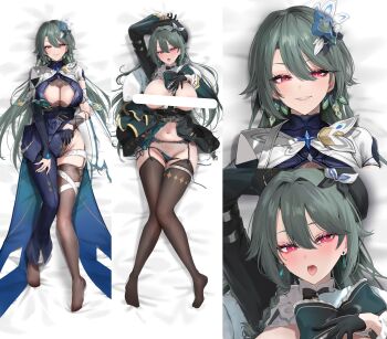 1girl absurdres anzu0130 beret black_bodysuit black_dress black_pantyhose bodysuit breasts censored cleavage commentary_request dakimakura_(medium) dress green_panties grey_hair hat heart heart_censor highres honkai_(series) honkai_impact_3rd large_breasts long_hair lying merchandise_available midriff multiple_views navel official_alternate_costume on_back panties pantyhose purple_eyes single_leg_bodysuit tongue tongue_out underwear very_long_hair vita_(don_quijote)_(honkai_impact) vita_(honkai_impact) vita_(lone_planetfarer)_(honkai_impact)
