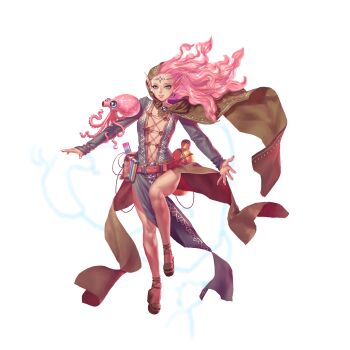 1girl artist_request bad_source bare_legs belt blue_eyes breasts cape center_opening crystal_maiden_(series) earrings full_body game_cg gourd highres jewelry long_pointy_ears long_sleeves meredith_(crystal_maidens) octopus official_art open_hand pink_hair pointy_ears potion solo third-party_source transparent_background variant_set