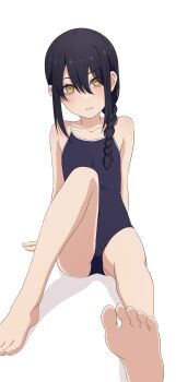 Rule 34 | 1girl, absurdres, black hair, black one-piece swimsuit, braid, breasts, chainsaw man, cleavage, collarbone, commentary request, gluteal fold, highres, knee up, looking at viewer, na-suke, nayuta (chainsaw man), one-piece swimsuit, ringed eyes, side braid, simple background, sitting, small breasts, stomach, swimsuit, white background, yellow eyes