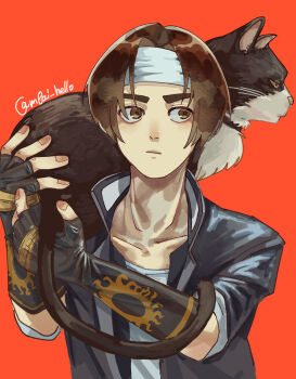 Rule 34 | 1boy, :/, animal, animal on shoulder, black collar, black gloves, black jacket, brown eyes, brown hair, cat, cat on shoulder, closed mouth, collar, collarbone, collared jacket, crew neck, curtained hair, elbow gloves, fingerless gloves, fingernails, gloves, headband, highres, holding, holding animal, jacket, kusanagi kyou, m0zi hello, male focus, multicolored cat, open clothes, open jacket, popped collar, red background, shirt, simple background, solo, the king of fighters, thick eyebrows, tuxedo cat, upper body, white headband, white shirt, yellow eyes