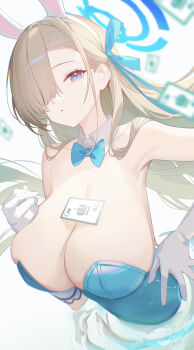 1girl absurdres animal_ears asuna_(blue_archive) asuna_(bunny)_(blue_archive) asymmetrical_bangs bare_shoulders blonde_hair blue_archive blue_bow blue_bowtie blue_eyes blue_leotard blue_ribbon blurry blurry_foreground bow bowtie breasts card cleavage detached_collar fake_animal_ears gloves hair_over_one_eye hair_ribbon halo highres large_breasts leotard long_hair looking_at_viewer nyarnya official_alternate_costume one_eye_covered parted_lips playboy_bunny playing_card rabbit_ears ribbon sideboob solo strapless strapless_leotard traditional_bowtie upper_body white_gloves
