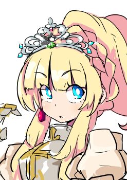 Rule 34 | 1girl, absurdres, armor, armored dress, blonde hair, blue eyes, breastplate, dress, etrian odyssey, gauntlets, highres, long hair, misomaru, ponytail, portrait, princess, puffy short sleeves, puffy sleeves, sekaiju no meikyuu, sekaiju no meikyuu 3, short sleeves, sovereign (sekaiju), sovereign 2 (sekaiju), tiara