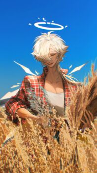 Rule 34 | 1boy, :d, absurdres, alternate hair length, alternate hairstyle, anz1105, arknights, broken halo, chinese commentary, closed eyes, collarbone, day, energy wings, enforcer (arknights), facing viewer, hair flaps, hair over one eye, halo, highres, holding, holding wheat, jacket, long hair, male focus, open clothes, open jacket, open mouth, pectoral cleavage, pectorals, plaid clothes, plaid jacket, red jacket, shirt, sleeves rolled up, smile, solo, upper body, wheat bundle, wheat field, white halo, white shirt