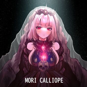 1girl absurdres ariel_dayan bare_shoulders breasts character_name commentary english_commentary highres hololive hololive_english mori_calliope original parted_lips pink_hair red_eyes self-upload short_hair sideboob skull solo tagme