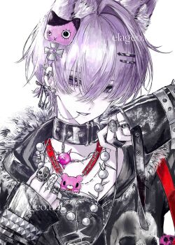 1boy animal_ears artist_request barbell_piercing black_collar black_jacket bracelet chain chain_necklace character_charm character_hair_ornament character_request charm_(object) collar collarbone commission cross crossed_bangs ear_chain ear_piercing earrings face_piercing frayed_clothes fur-trimmed_jacket fur_trim gloomy_bear greek_cross hair_between_eyes hair_ornament hairclip hand_up hashtag-only_commentary highres hood hood_down industrial_piercing itazuraguma_no_gloomy jacket jewelry linked_piercing lip_piercing long_sleeves male_focus multiple_earrings multiple_necklaces multiple_rings necklace original piercing purple_eyes purple_hair ring second-party_source single_hair_intake skull_ring solo spiked_necklace strap studded_bracelet upper_body white_background wolf_ears yabi_fashion