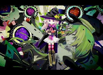 2girls alina_gray arm_warmers black_cape black_headwear black_shirt black_sleeves black_vest boots bow camera cape closed_eyes collar crop_top cross-laced_footwear detached_collar detached_sleeves fur_cuffs green_footwear green_hair hand_on_own_face hand_on_own_forehead hat highres holding holding_camera long_hair looking_at_viewer magia_record:_mahou_shoujo_madoka_magica_gaiden magical_girl mahou_shoujo_madoka_magica medium_hair miniskirt misono_karin multicolored_hair multicolored_skirt multiple_girls no_nose no_sclera old_dorothy outline outstretched_arm parted_lips peaked_cap pleated_skirt print_skirt puffy_short_sleeves puffy_sleeves purple_eyes purple_hair purple_ribbon purple_thighhighs ribbon scanlines see-through_clothes see-through_sleeves shirt shoelaces short_sleeves sidelocks skirt smile splatter star_(symbol) star_print streaked_hair striped_clothes striped_skirt striped_thighhighs swept_bangs thighhighs thighhighs_under_boots two_side_up usagi_nui vertical-striped_clothes vertical-striped_skirt very_long_hair vest video_camera virus waist_bow white_collar white_outline white_skirt white_sleeves witch_hat worried