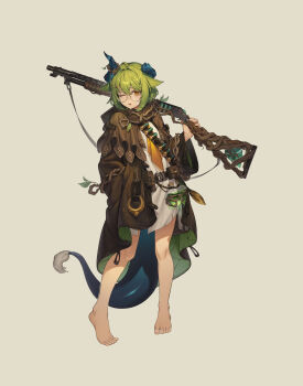 1girl absurdres ammunition_belt annette_runatail_(di_le_to) bandaid bandaid_on_face barefoot belt_pouch blue_horns bottle braid broken_horn brown_coat brown_eyes coat commentary di_le_to dragon_girl dragon_horns dragon_tail full_body glasses green_hair gun hair_between_eyes hair_flaps hair_ornament hand_in_pocket hand_up highres holding holding_gun holding_weapon horns one_eye_closed open_mouth original potion pouch pump_action round_eyewear shirt short_hair shotgun simple_background slit_pupils solo tail weapon white_background white_shirt wide_sleeves winchester_model_1897
