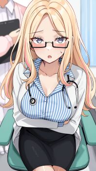 2girls :o arms_under_breasts black_skirt blonde_hair blue_eyes blue_shirt blush breasts chair collared_shirt commentary_request crossed_arms doctor gakuen_idolmaster highres idolmaster juo_sena lab_coat large_breasts long_hair multiple_girls nurse office_chair on_chair parted_lips pencil_skirt revision shiitake_taishi shirt sitting skirt solo_focus stethoscope_around_neck striped_clothes striped_shirt swivel_chair variant_set vertical-striped_clothes vertical-striped_shirt very_long_hair